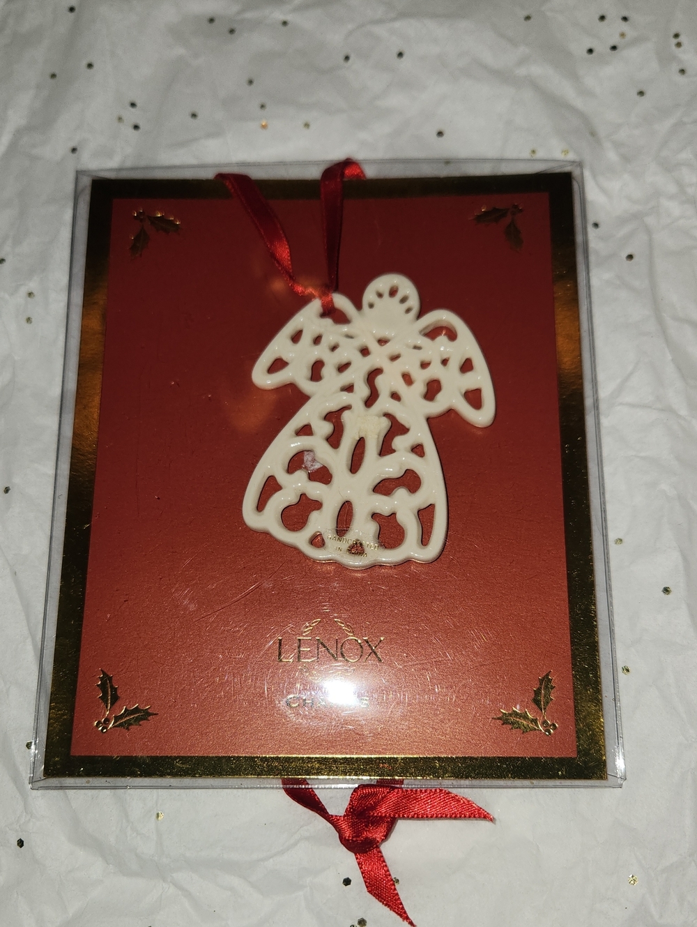 Lenox White Porcelain Angel Charm Ornament with Red Ribbon